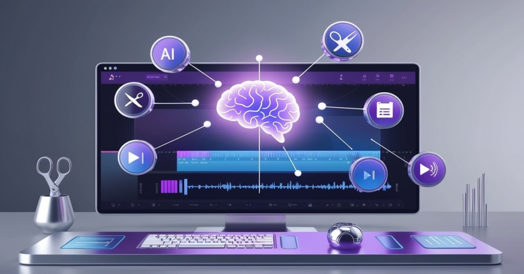 3D HD image of AI tools editing a video on a sleek screen.