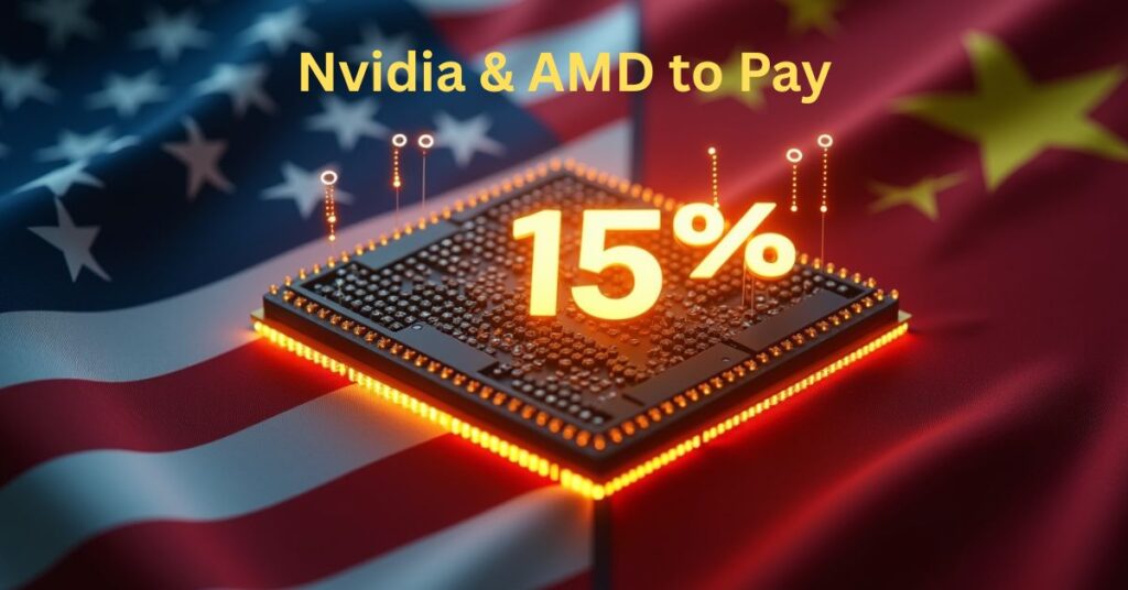 AI chips labeled H20 and MI308 connected to U.S. Treasury icon with 15% label