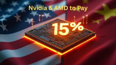 AI chips labeled H20 and MI308 connected to U.S. Treasury icon with 15% label