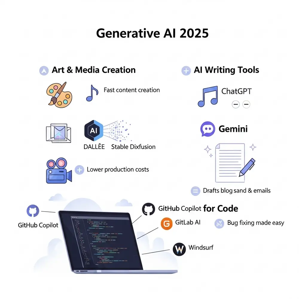 Infographic showing Generative AI in 2025: AI tools for art, writing, and coding with icons for design, documents, and code on a clean layout.