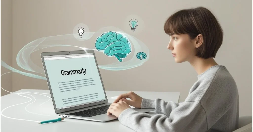 Woman using Grammarly on laptop with AI icons around