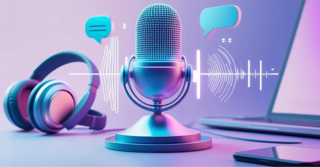 Futuristic microphone with sound waves, headphones, and speech icons representing AI voice technology.