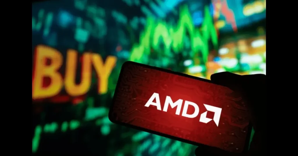 AMD Aktie Quartalszahlen visual showing futuristic AMD logo glowing over semiconductor wafers, with upward-trending financial charts and AI chip circuitry in the background.