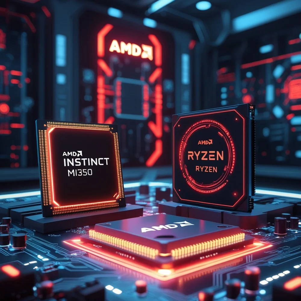 Futuristic image of AMD Instinct MI350 and Ryzen processors on a circuit board with AI overlays, glowing AMD logo, and data center background.