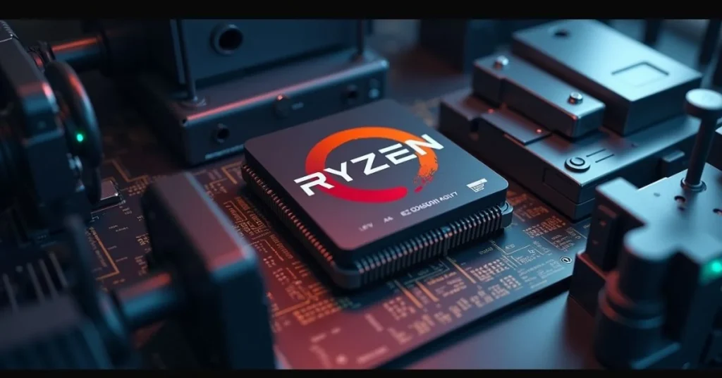 AMD Ryzen Threadripper 9000 series processor displayed in a professional workstation setup.