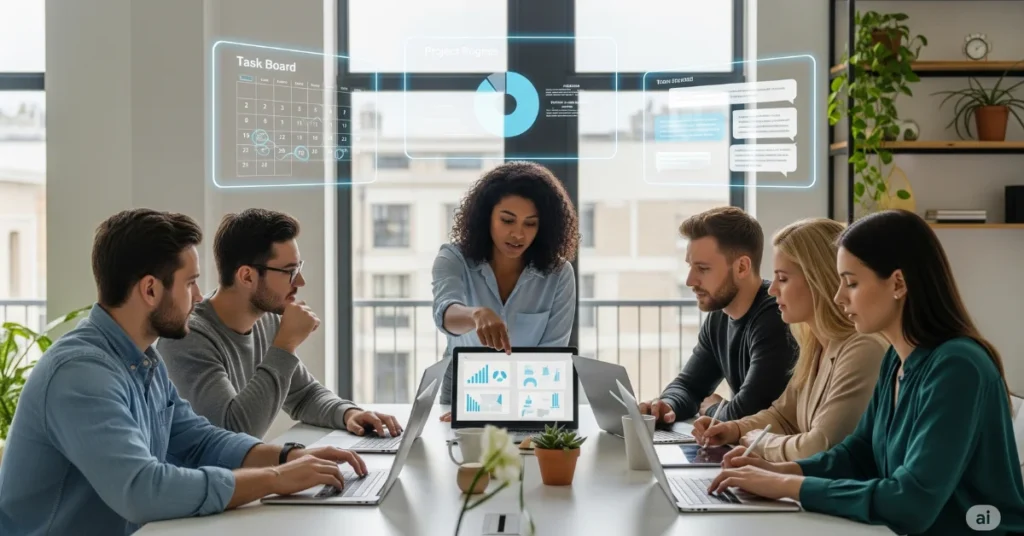 Team using productivity app in smart office