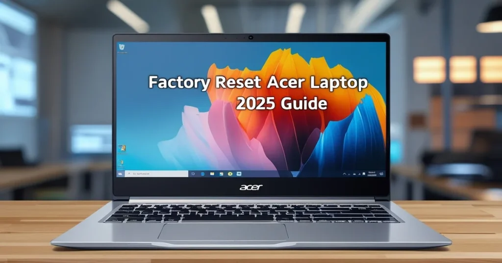 Acer laptop showing Windows 10 and 11 factory reset screen with 'Factory Reset Acer Laptop 2025 Guide' overlay