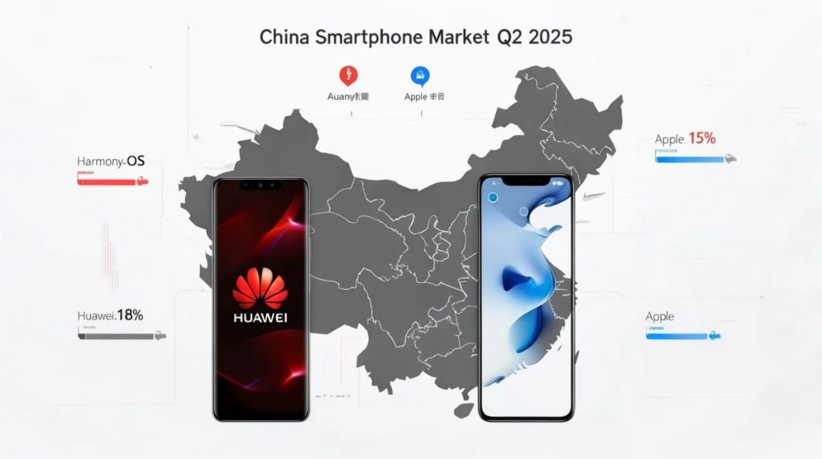 China smartphone market share Q2 2025 featuring Huawei with 18% and Apple with 15% market share, shown over a map of China with HarmonyOS and iOS.