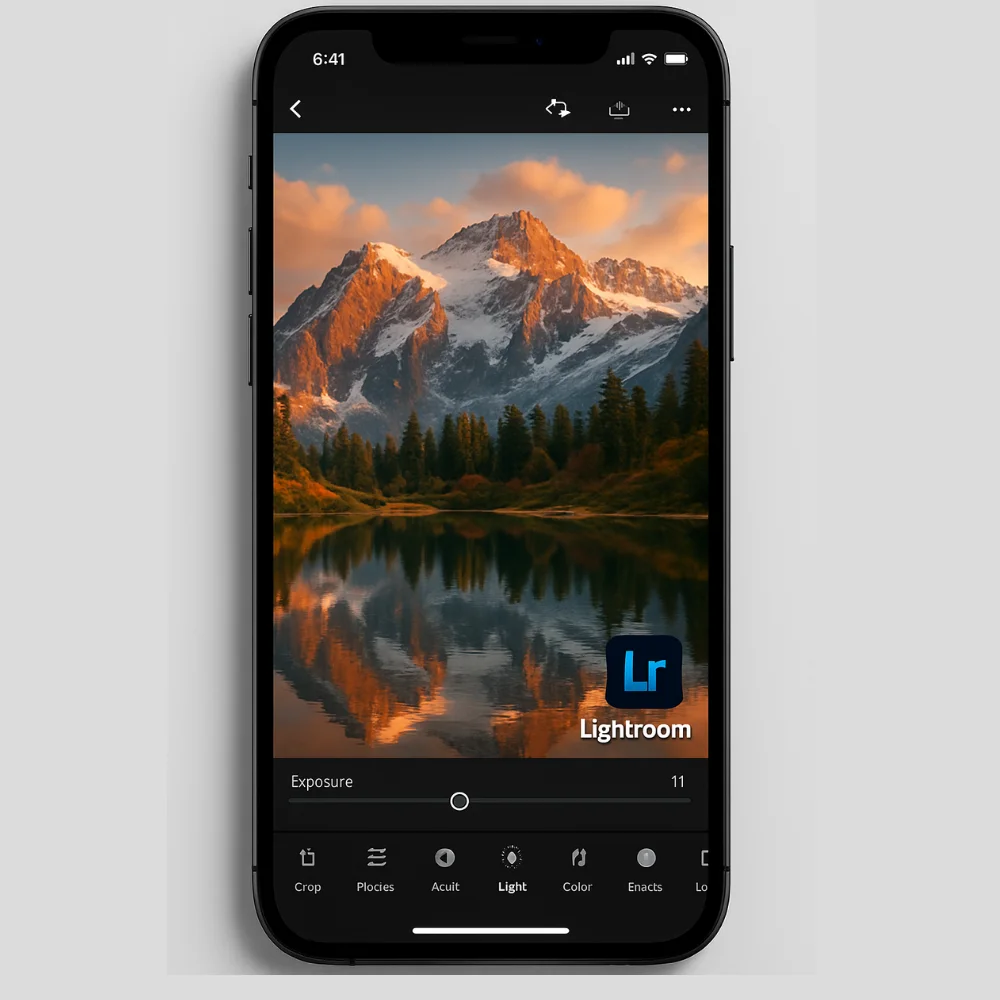 Phone screen showing Lightroom app editing