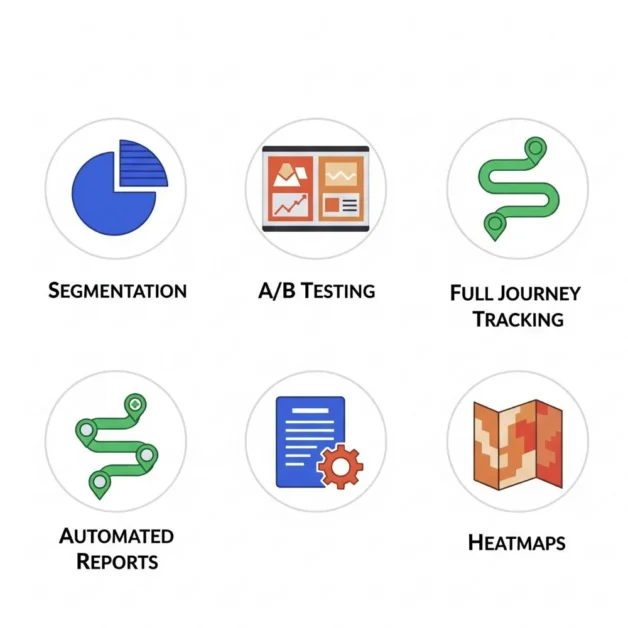  Five icons showing segmentation, A/B testing, journey tracking, reports, and heatmaps.