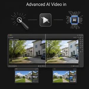 Split-screen of raw video and AI-enhanced video with motion effects and background removal.