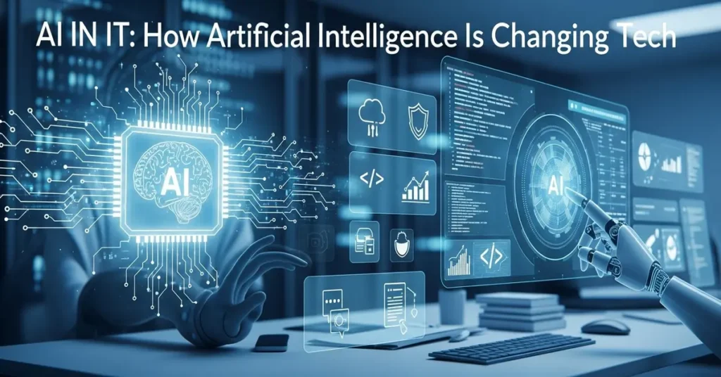 Robotic hand interacts with AI interface in a tech workspace, showing code, charts, and a glowing AI chip.