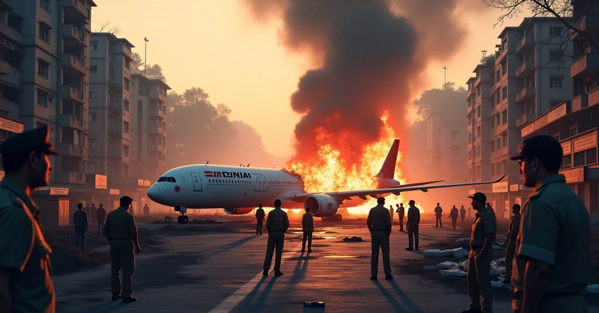Air India 787 on fire in city street after crash, surrounded by police and onlookers, with smoke rising and buildings nearby.