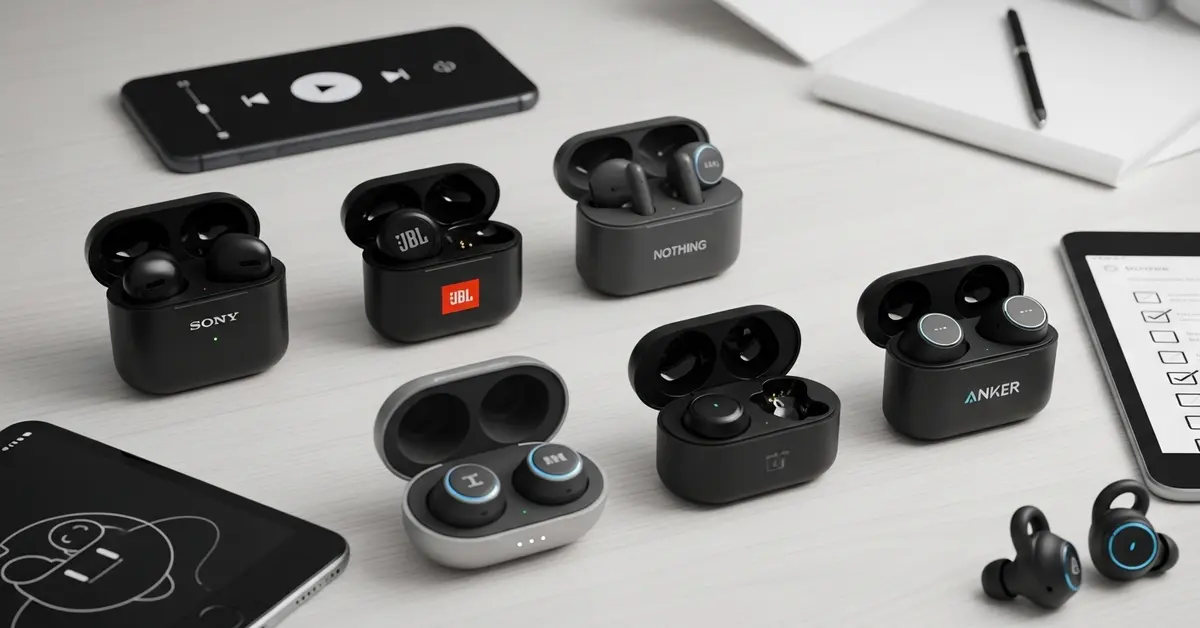 Wireless earbuds from Sony, JBL, Nothing, Anker, and others in charging cases on a desk.
