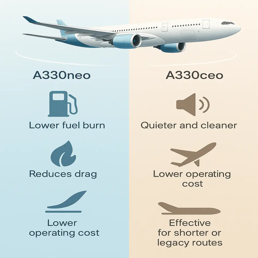 Infographic comparing A330neo and A330ceo efficiency features with icons for fuel, noise, emissions, wing design, and cost.