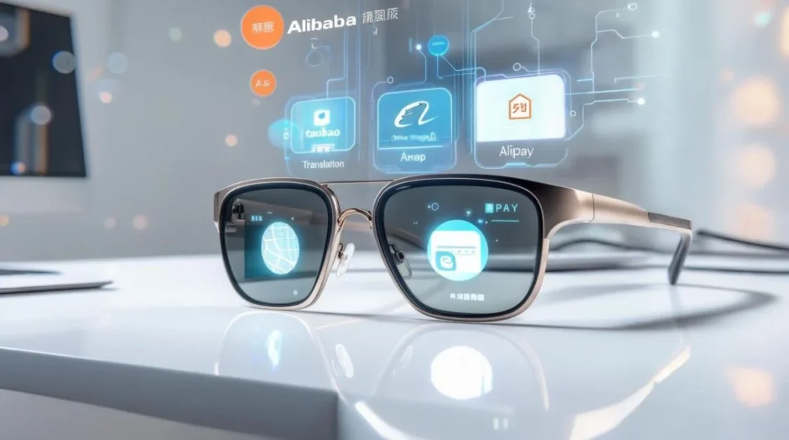 Alibaba Quark AI Smart Glasses displaying virtual interface with apps like Alipay, Taobao, Amap, and translation tools on a modern desk setup.