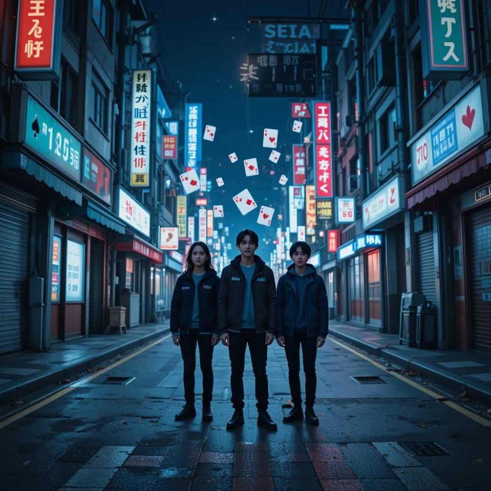 Three friends stand in an empty Tokyo street surrounded by glowing playing card symbols and digital countdowns.