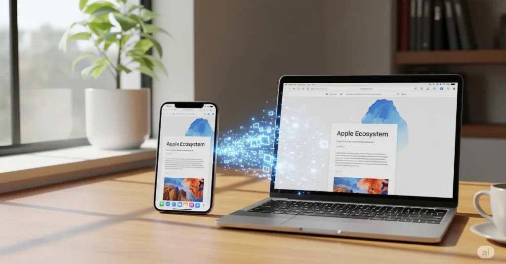 iPhone and MacBook syncing on a wooden desk