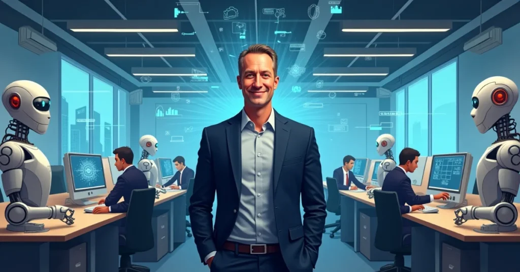 Amazon CEO Andy Jassy stands in a high-tech office surrounded by robots and human workers at computers, symbolizing AI-driven job disruption.