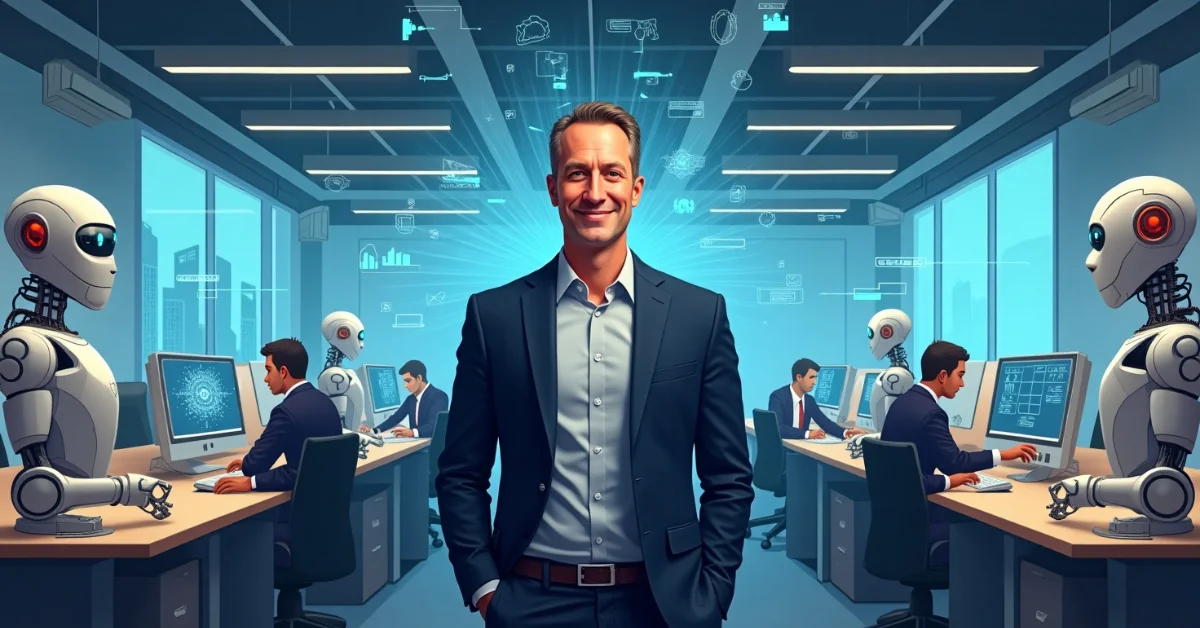Amazon CEO Andy Jassy stands in a high-tech office surrounded by robots and human workers at computers, symbolizing AI-driven job disruption.