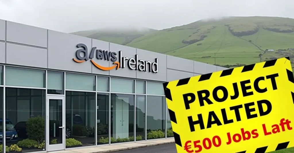AWS facility exterior with overlay text highlighting cancellation of €300M investment and 500 lost jobs.