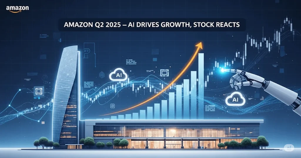 Amazon Earnings Report visual showing Q2 2025 growth with financial charts, AI elements, and the caption 'AI Drives Growth, Stock Reacts'.