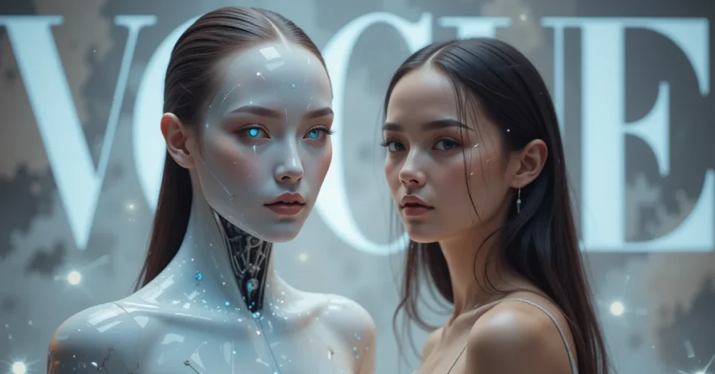 AI and real model pose in fashion studio shoot