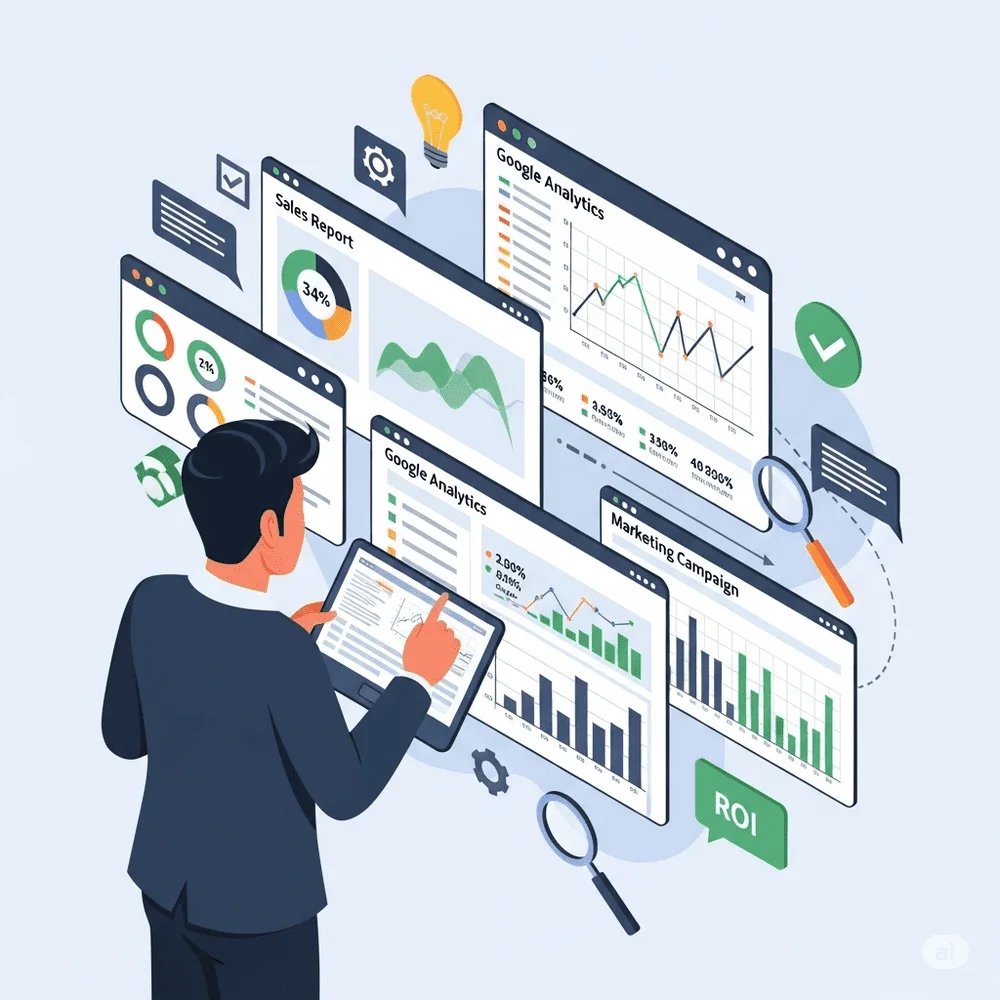 Businessperson reviewing dashboards with charts, Google Analytics, and campaign performance metrics like clicks and conversions to guide decisions. 