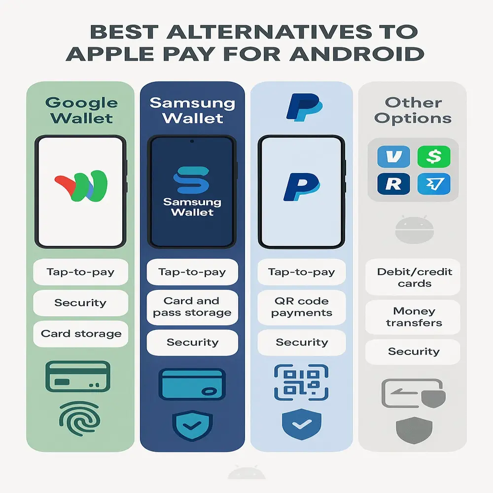 Comparison image of Apple Pay alternatives for Android, showing Google Wallet, Samsung Wallet, PayPal, and others with app icons, features, and branding. 