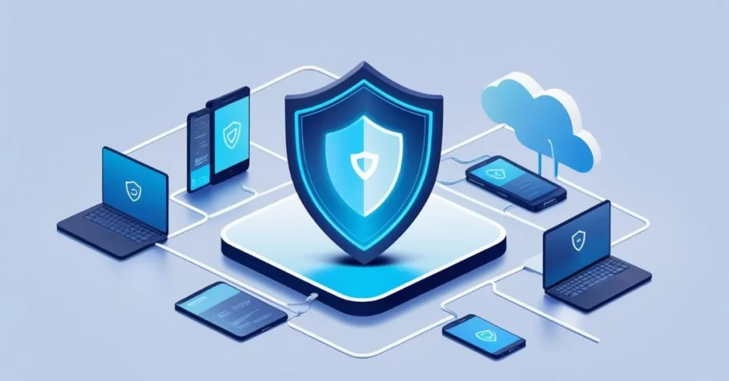 Shield protecting laptops, phones, and cloud.