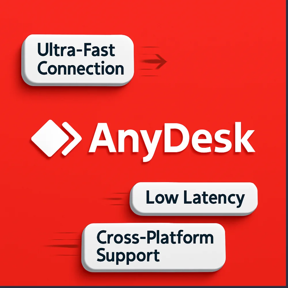 AnyDesk logo with speed feature bubbles