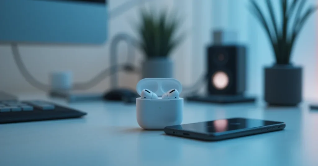 Apple AirPods 4 next to glowing iPhone on desk