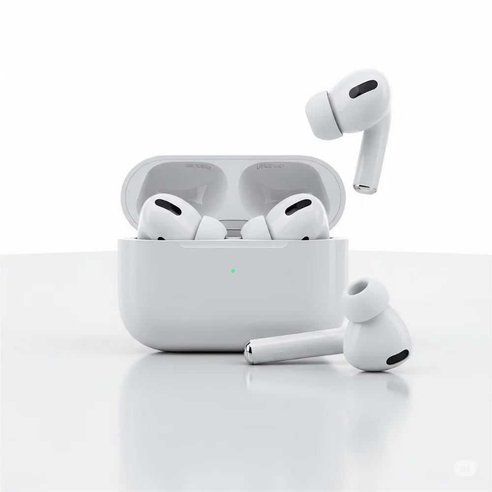 AirPods 4 with charging case on white surface