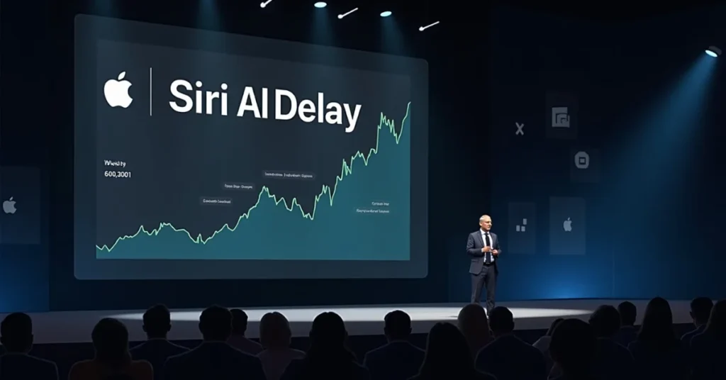 Presenter at WWDC 2025 stands before a screen showing “Siri AI Delay” and a stock chart, highlighting Apple delayed Siri upgrade.