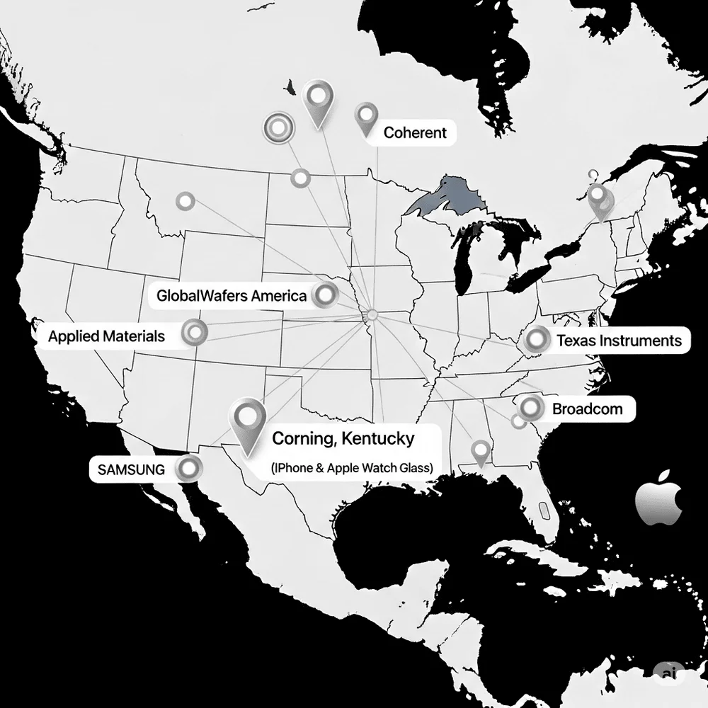 Map showing Apple’s U.S. manufacturing and supplier locations.