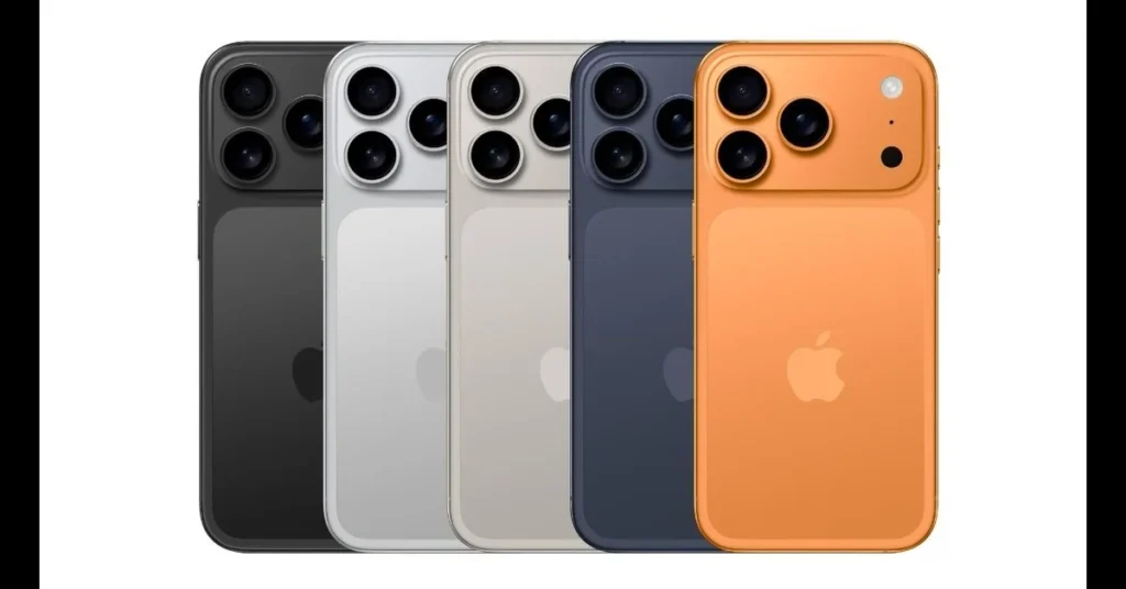 Leaked image of four Apple iPhone 17 Pro units ahead of release date, showcasing design, new camera layout, and color options.