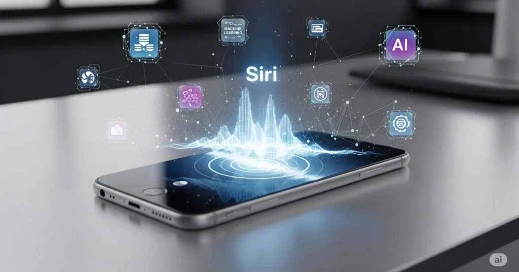 Futuristic Siri interface glowing on iPhone