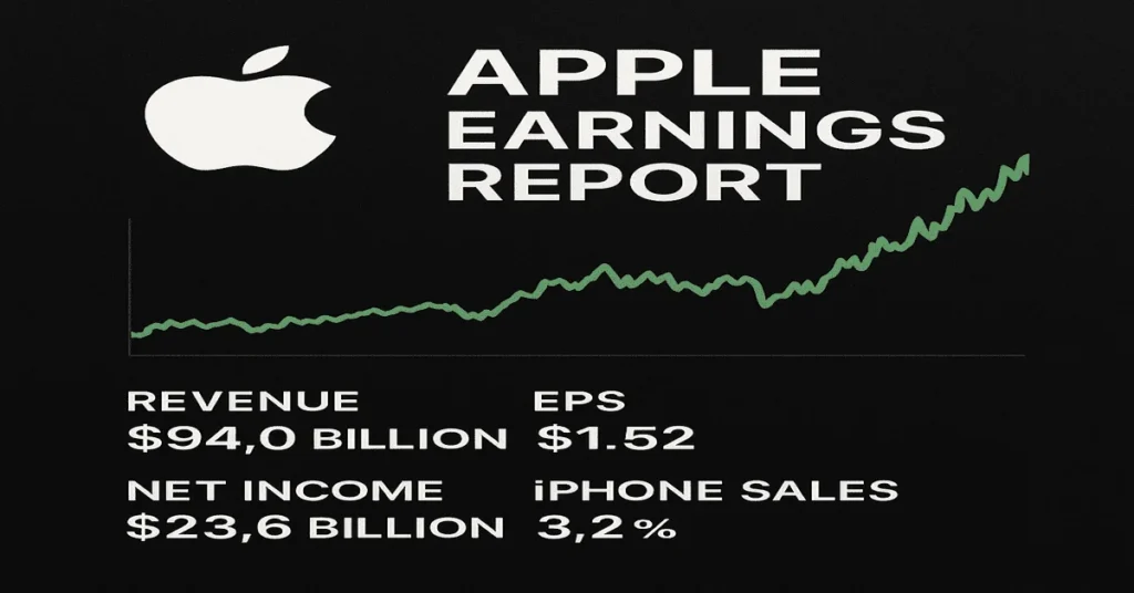 Apple earnings report today shows Q3 revenue at $94B, net income of $23.6B, EPS at $1.52, and iPhone sales up 3.2%, reflecting steady growth.