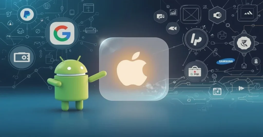 Illustration showing Apple Pay on Android concept with an Android phone beside Apple Pay, Google Wallet, and PayPal icons, symbolizing mobile payment options.