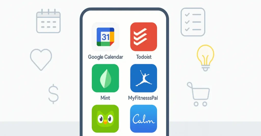 Smartphone with daily app icons and soft floating symbols on a clean background.