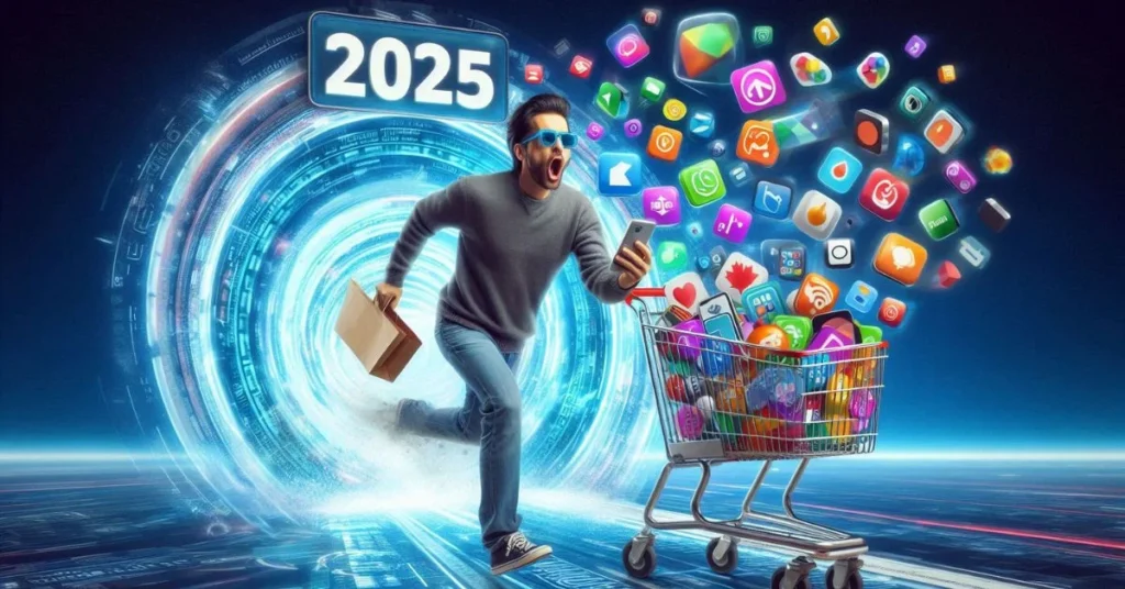 Man entering 2025 with shopping cart full of app icons.