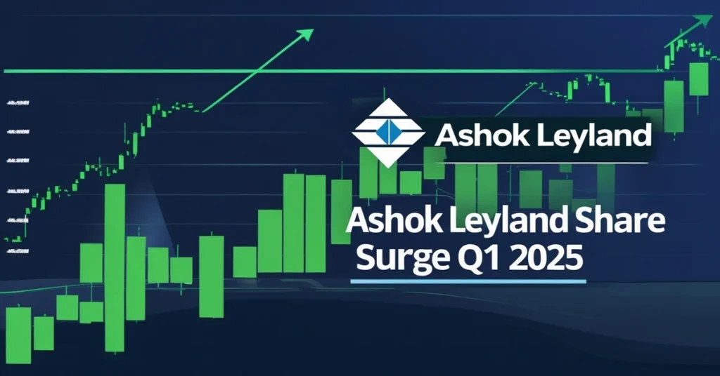 Ashok Leyland share featured image with rising stock chart and company logo.