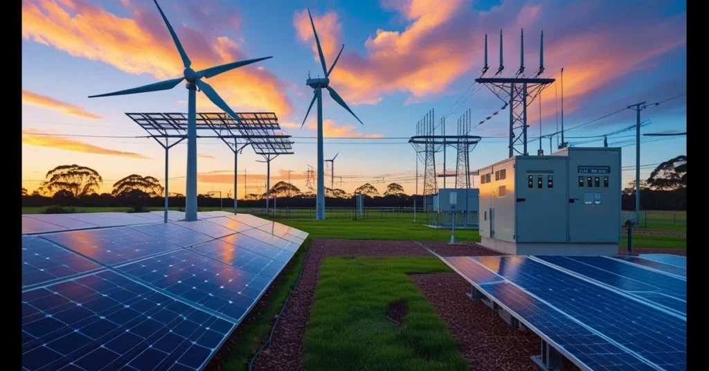 AusNet renewable energy site in Victoria with solar panels and wind turbines.