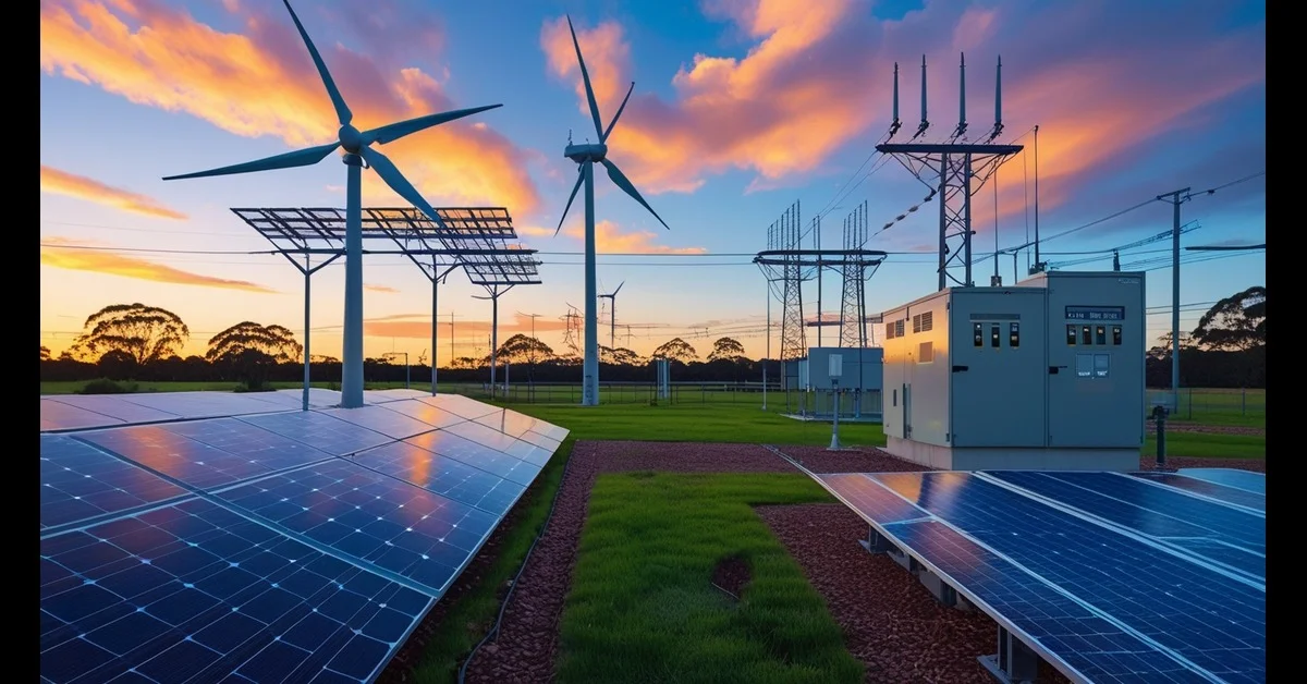 AusNet renewable energy site in Victoria with solar panels and wind turbines.