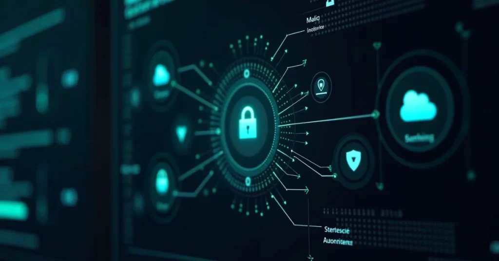 A futuristic DevOps dashboard showing automated secrets management, with secure vaults, encrypted keys, dynamic secret generation, and integrations with CI/CD tools like Jenkins, GitLab, and AWS. Visual elements include cloud infrastructure, digital locks, shield icons, and flowing pipelines in a dark-themed tech interface.