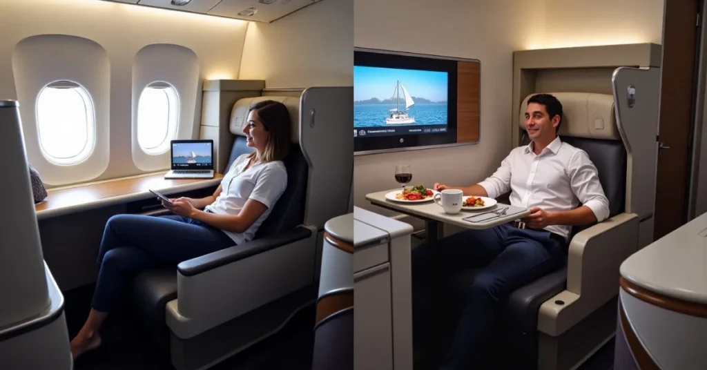 Side-by-side view of British Airways Business Class and First Class cabins showing differences in space, seating, and in-flight experience.