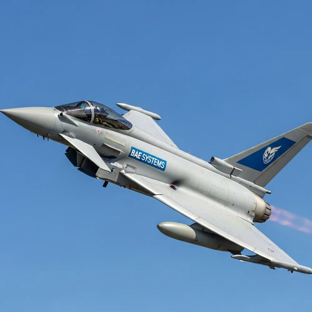 BAE Systems Eurofighter Typhoon jet in flight against a clear blue sky, showcasing its design and aerospace technology.