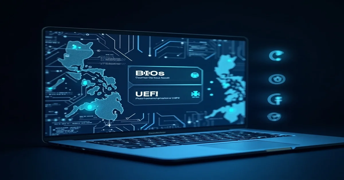 Laptop screen showing BIOS vs UEFI interface with digital map overlay.