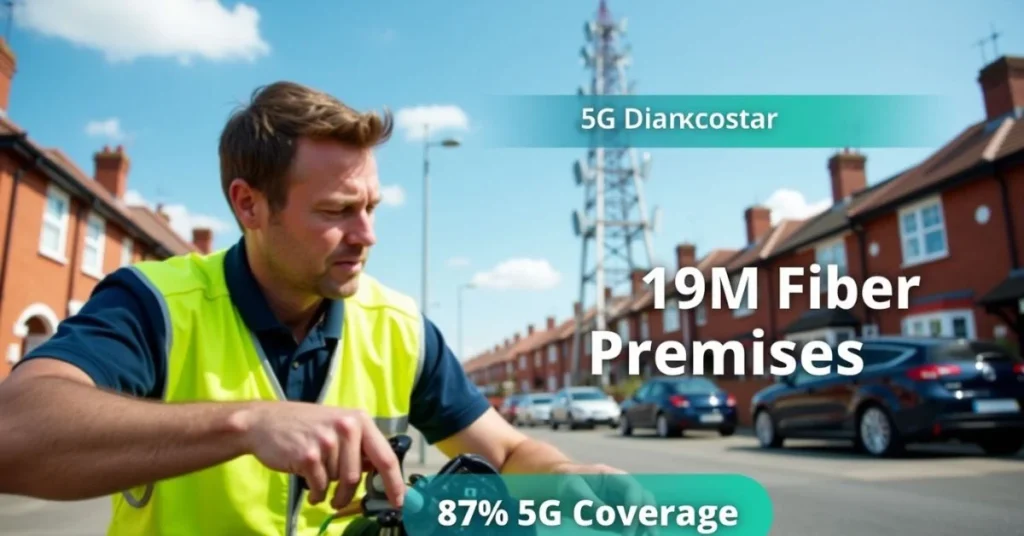 BT technician installing fibre cables near a 5G tower, highlighting expansion in digital infrastructure.