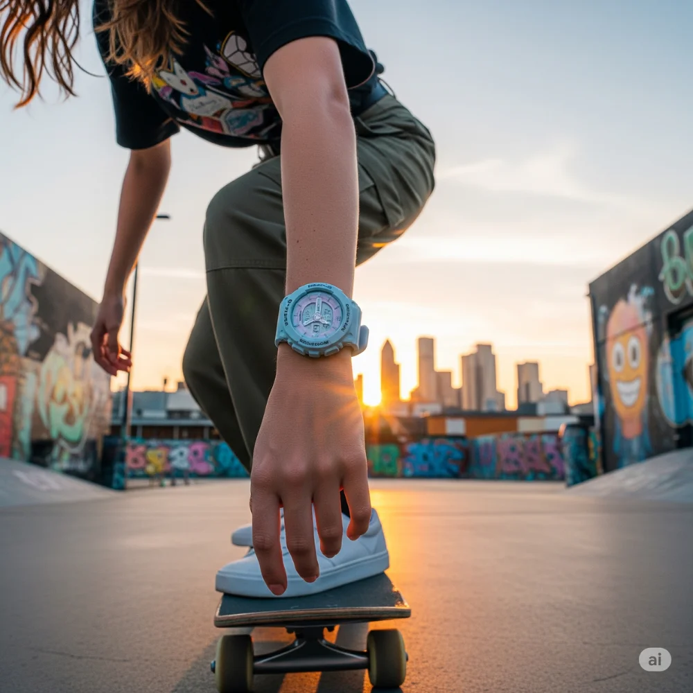 Baby-G watch on girl skating at sunset